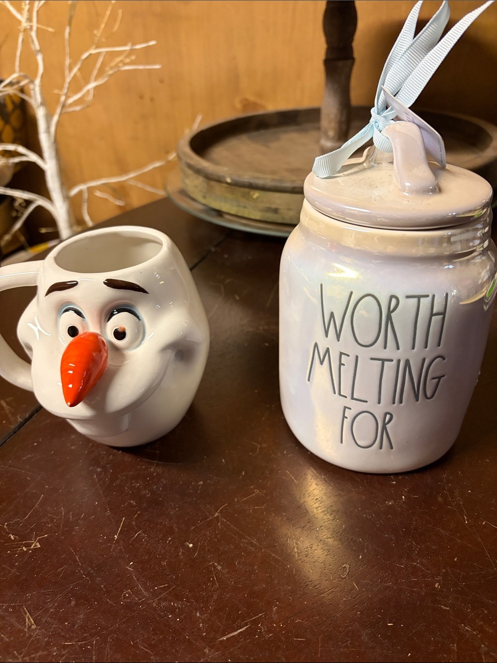 Rae Dunn White Ceramic Olaf Mug with Orange Accent & Iridescent White Jar